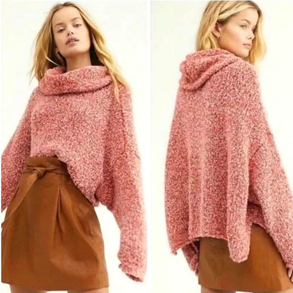 Free People Cowl Neck Knit Sweater Oversized Relaxed Fit Casual Boho Red Pink S